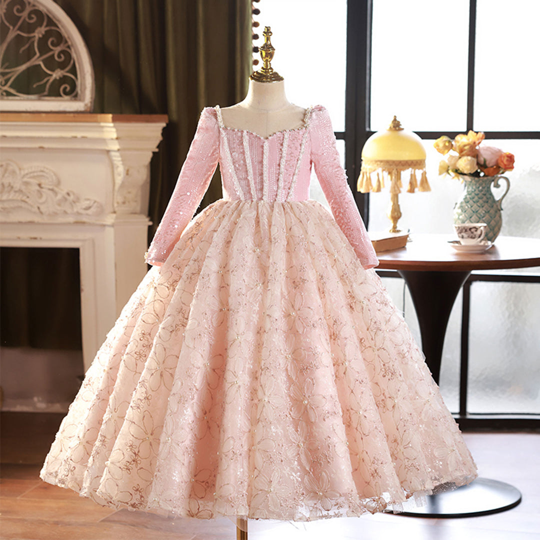Pink Long Sleeve Beaded Princess Birthday Girl Dress J291 Pink Long Sleeve Beaded Princess Birthday Girl Dress J291