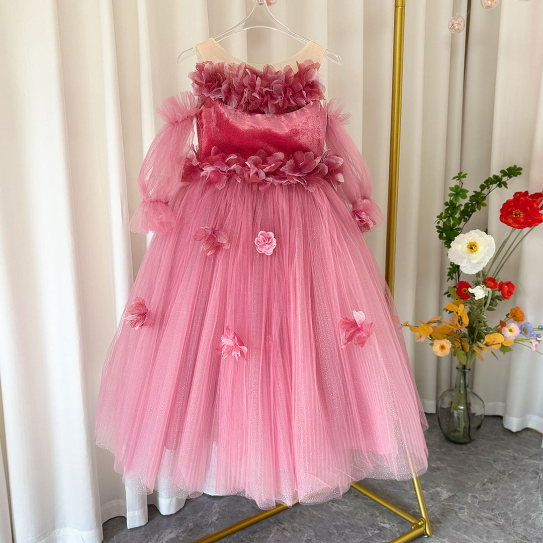 Pink Long Sleeve Girl Birthday Pageant Party Dress J350, Pink / child-12 Pink Long Sleeve Girl Birthday Pageant Party Dress J350, Pink / child-12