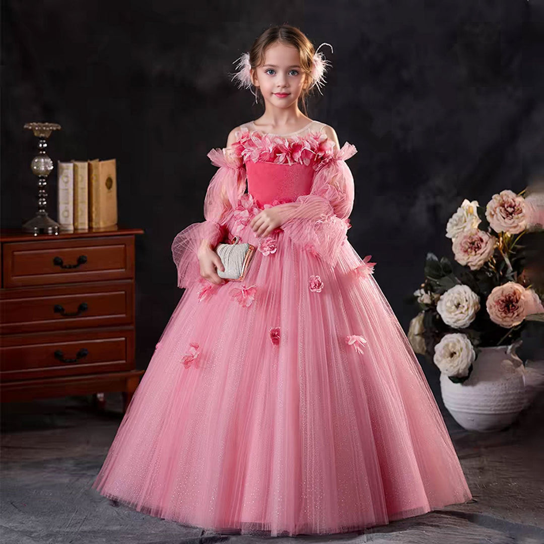Pink Long Sleeve Girl Birthday Pageant Party Dress J350 Mom / child-10 Pink Long Sleeve Girl Birthday Pageant Party Dress J350 Mom / child-10