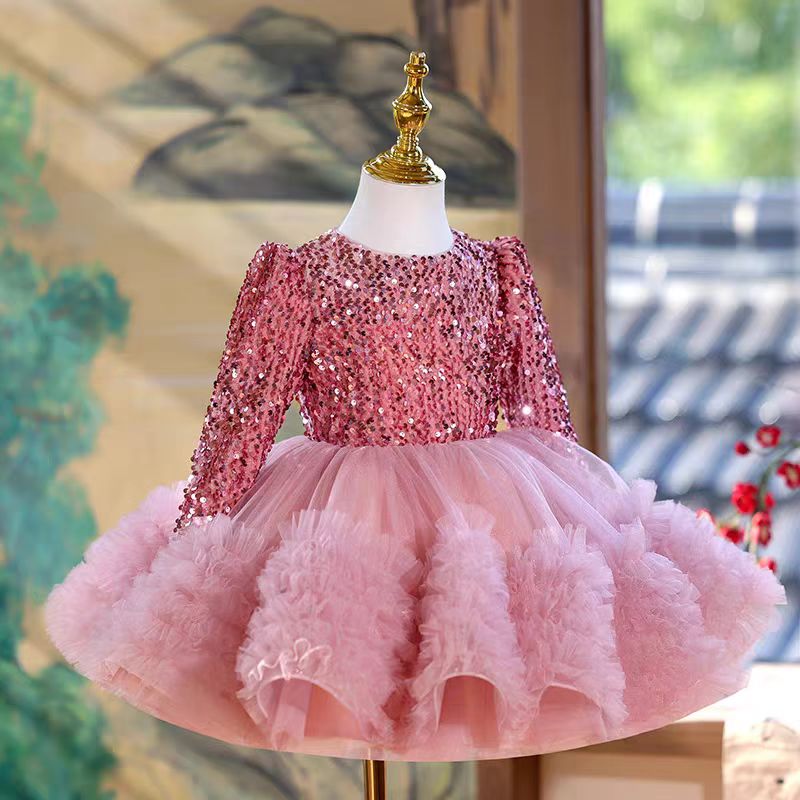 Long Sleeve Sequins Knee Length 1st Birthday Girl Dress J359 Pink / child-2 Long Sleeve Sequins Knee Length 1st Birthday Girl Dress J359 Pink / child-2