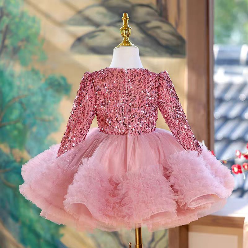 Long Sleeve Sequins Knee Length 1st Birthday Girl Dress J359 Pink / child-2 Long Sleeve Sequins Knee Length 1st Birthday Girl Dress J359 Pink / child-2