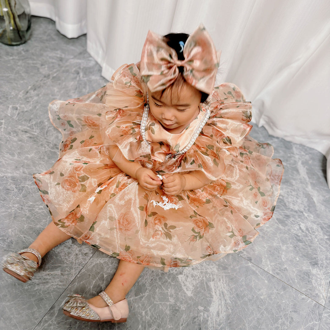 baby champagne dress Champagne Satin Baby Girl Dress With Bow Short Sleeves Gown J497 DreamyVow