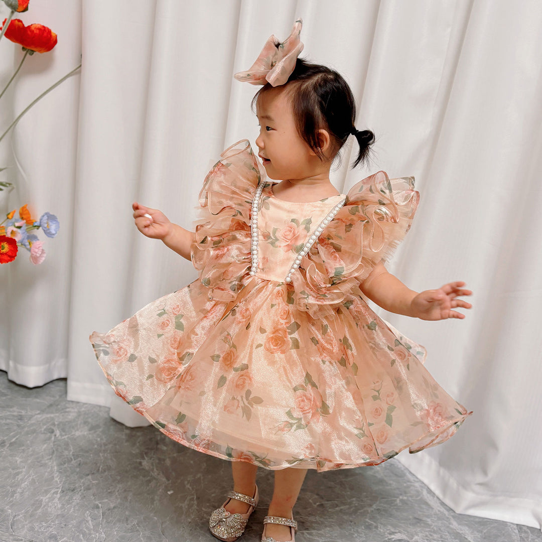 Puffy Sleeve Champagne Baby Knee Length Girl Dress J225, Champagne / child-3 Puffy Sleeve Champagne Baby Knee Length Girl Dress J225, Champagne / child-3