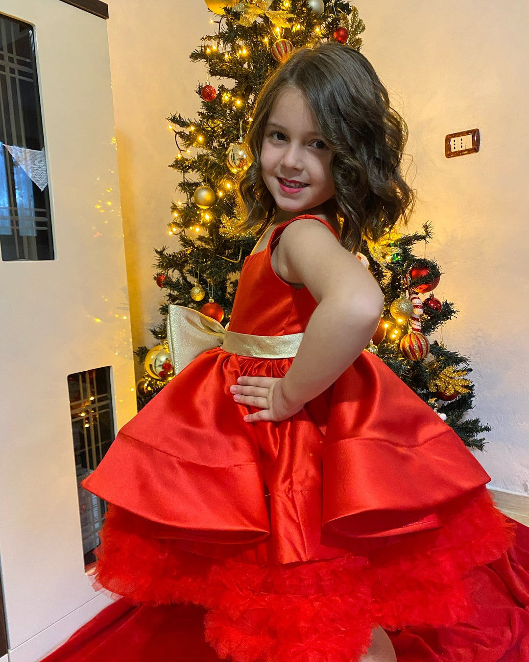 Red Christmas Satin Girl Dress Knee Length with Bow Square Collar J285 Lilac / 12M Red Christmas Satin Girl Dress Knee Length with Bow Square Collar J285 Lilac / 12M