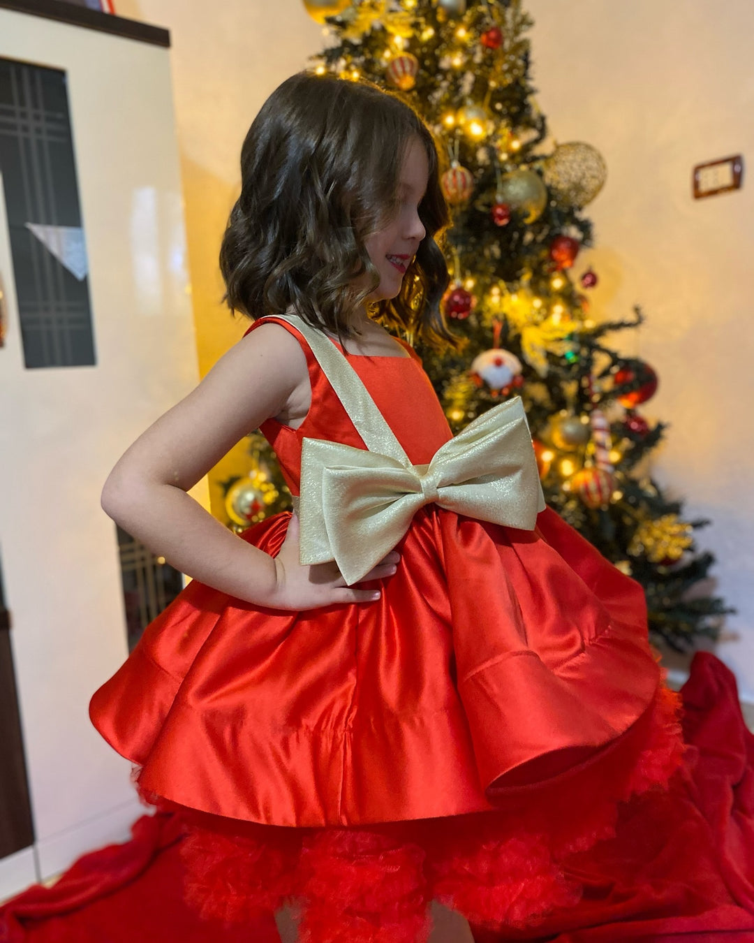 Red Christmas Satin Girl Dress Knee Length with Bow Square Collar J285 Green / Child-6 Red Christmas Satin Girl Dress Knee Length with Bow Square Collar J285 Green / Child-6