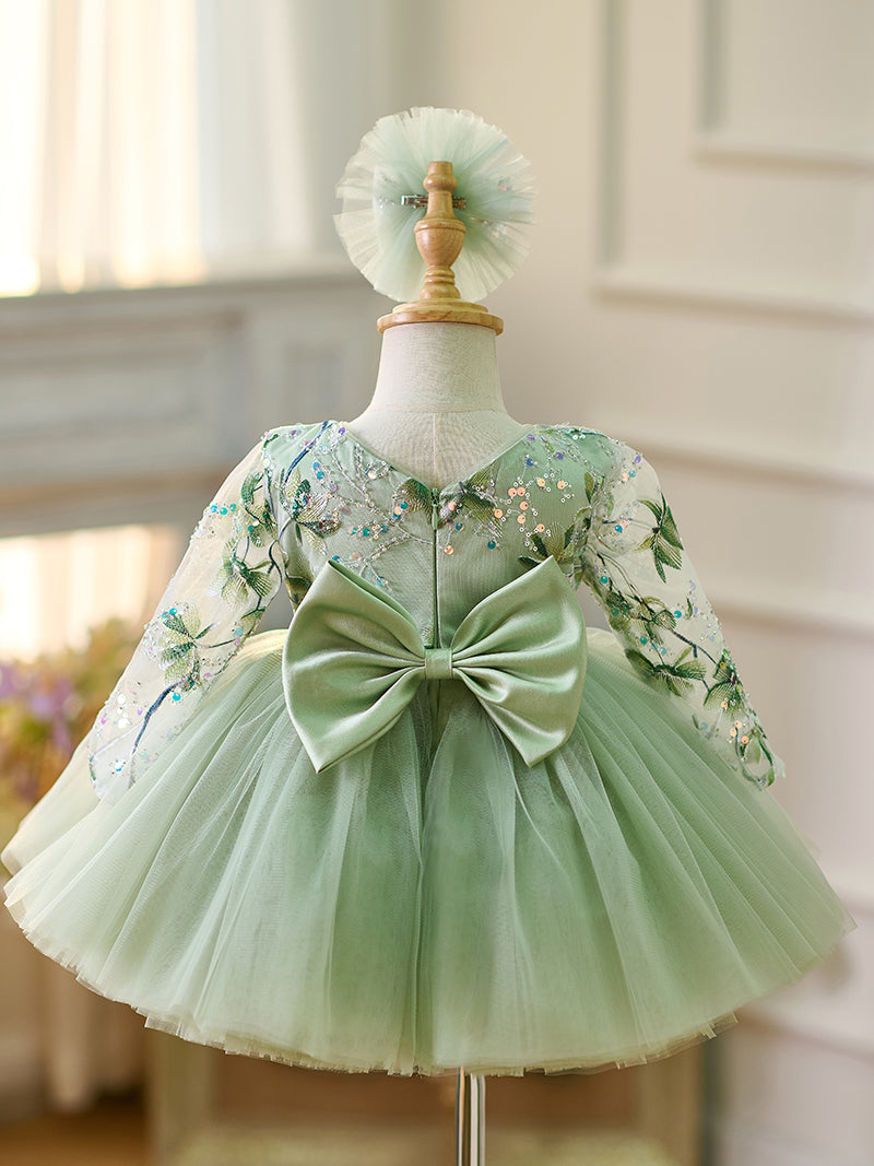 Sage Green Baby Long Sleeve Knee Length Girl Dress J060