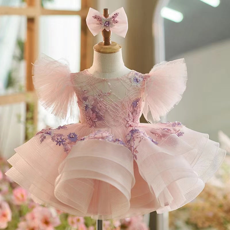 Sequins Princess Yellow Girl Dress Knee Length Puffy Sleeve J258 Pink / child-3 Sequins Princess Yellow Girl Dress Knee Length Puffy Sleeve J258 Pink / child-3