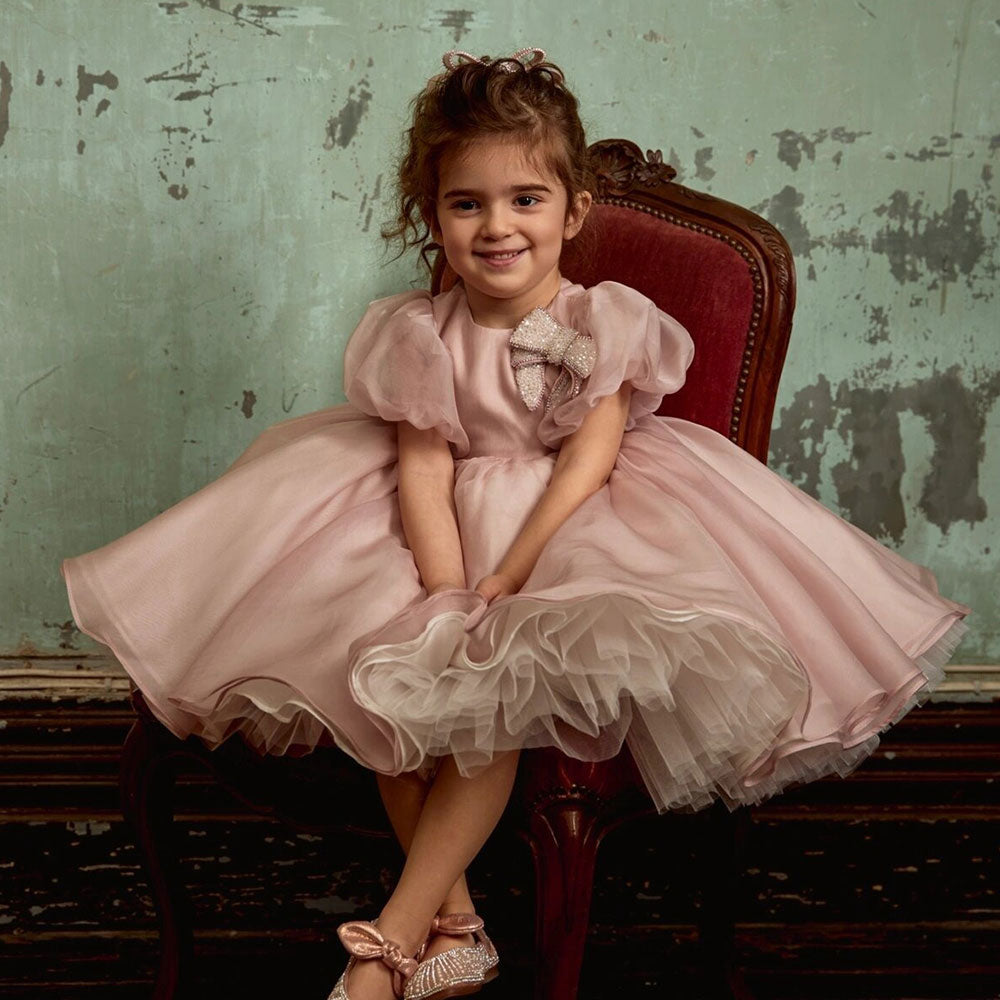 elegant dusty rose dress Elegant Dusty Rose Tulle Flower Girl Dress with Delicate Sequin Bodice and Puff Sleeves Plus Size 8Y