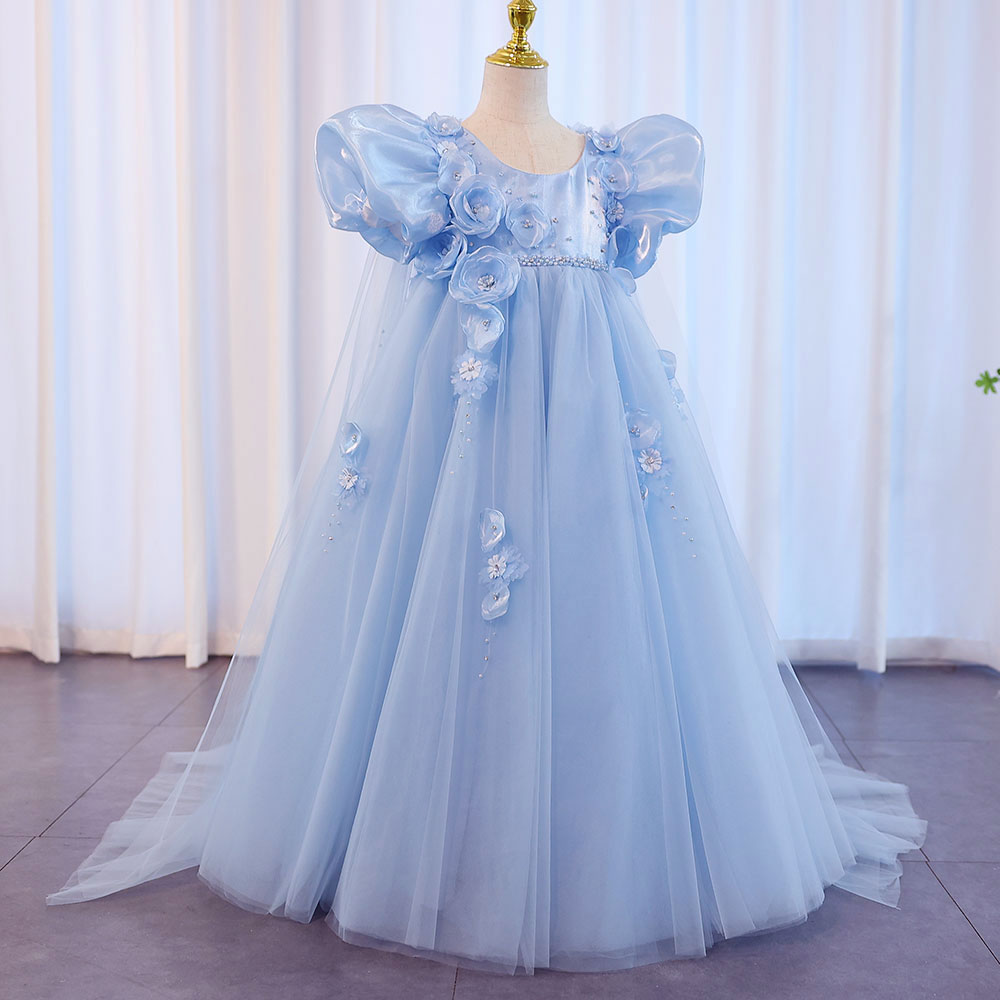 Sky Blue Arabic Flower Girl Dresses Crystal with Cape 3D Flowers J098 Blue / child-6 Sky Blue Arabic Flower Girl Dresses Crystal with Cape 3D Flowers J098 Blue / child-6