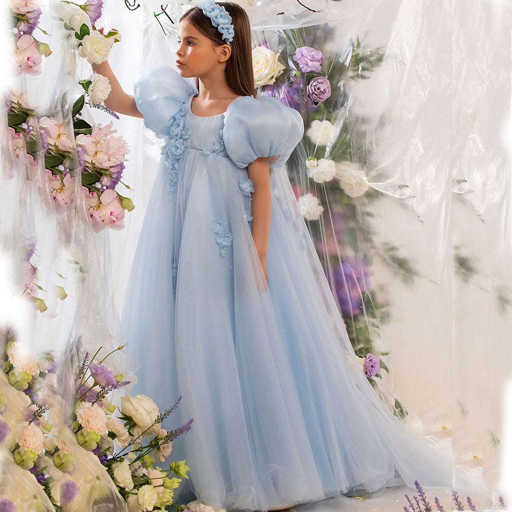 Sky Blue Arabic Flower Girl Dresses Crystal with Cape 3D Flowers J098 Blue / child-6 Sky Blue Arabic Flower Girl Dresses Crystal with Cape 3D Flowers J098 Blue / child-6