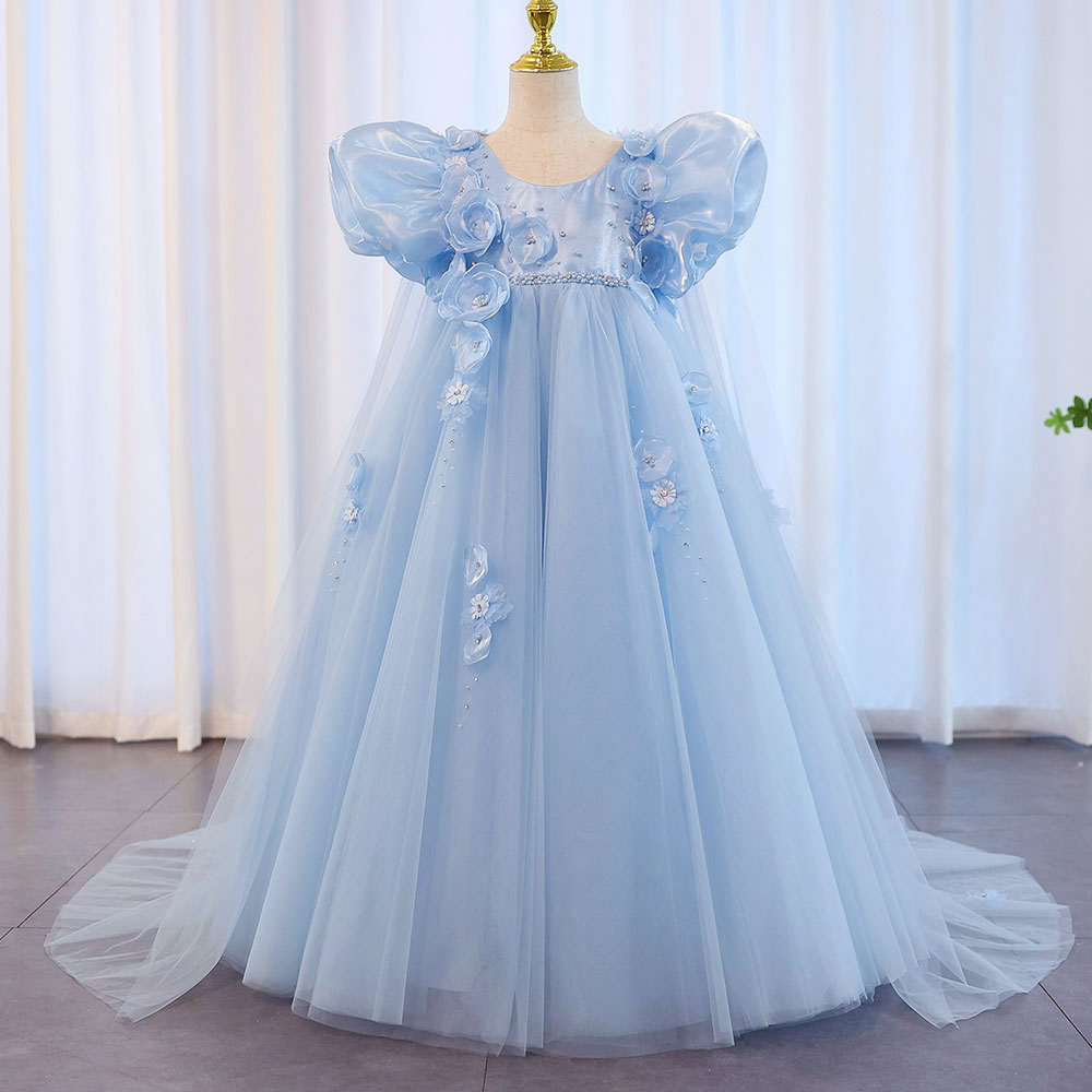 Sky Blue Arabic Flower Girl Dresses Crystal with Cape 3D Flowers J098 Blue / child-6 Sky Blue Arabic Flower Girl Dresses Crystal with Cape 3D Flowers J098 Blue / child-6