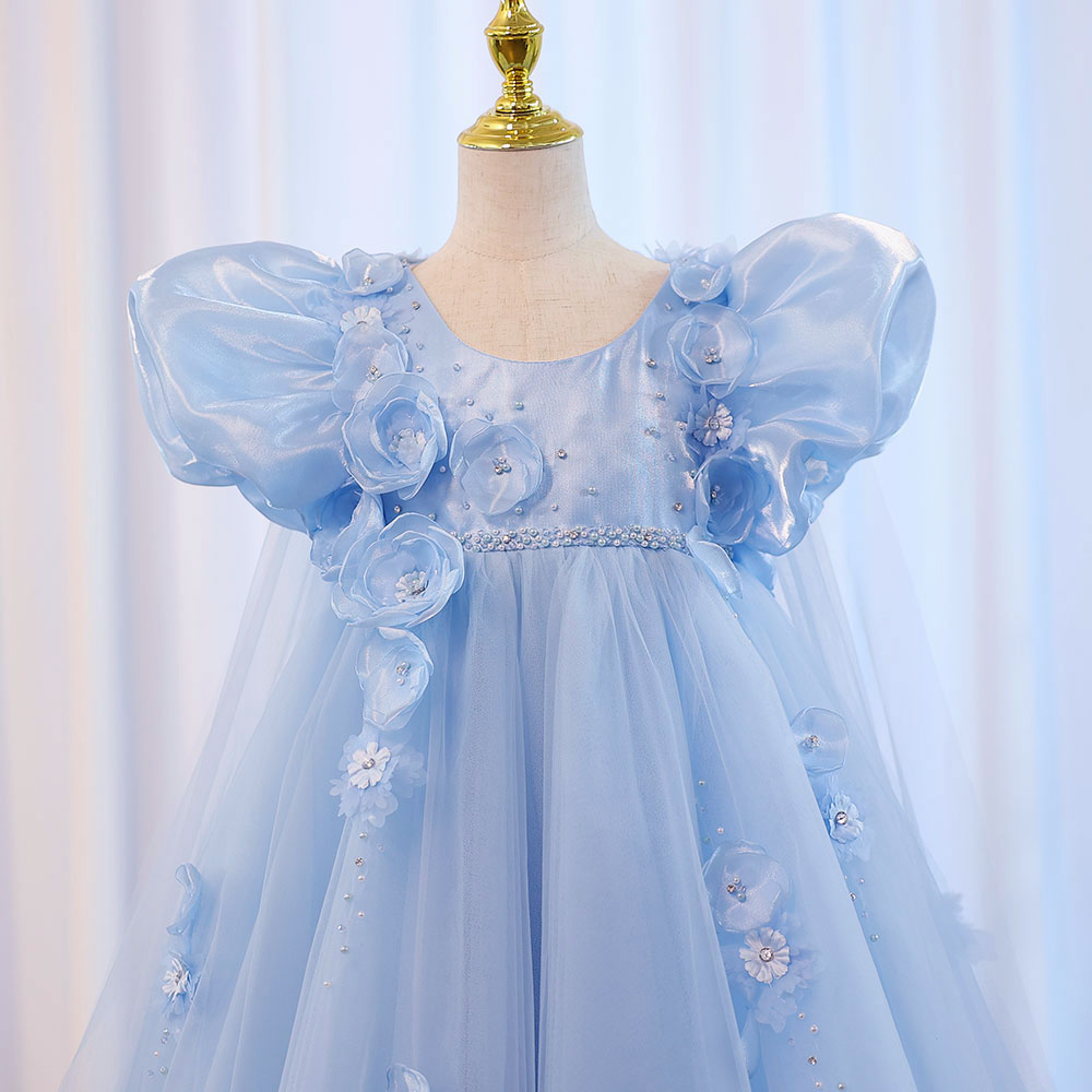 Sky Blue Arabic Flower Girl Dresses Crystal with Cape 3D Flowers J098 DreamyVow Sky Blue Arabic Flower Girl Dresses Crystal with Cape 3D Flowers J098 DreamyVow