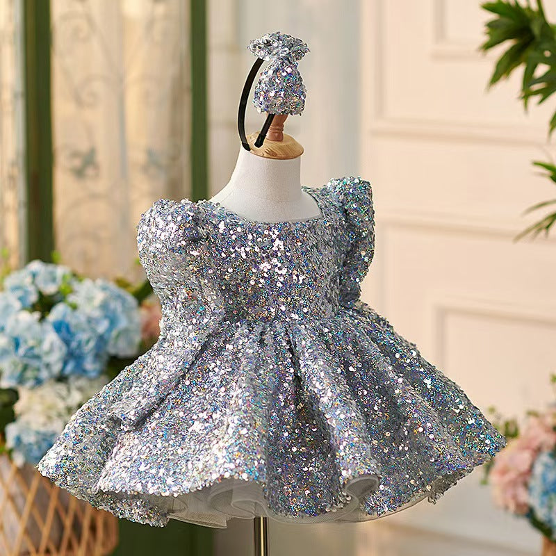 Sparkling Silver Knee Length Girl Dress with Long Sleeve J309, Silver / 8(130cm) Sparkling Silver Knee Length Girl Dress with Long Sleeve J309, Silver / 8(130cm)