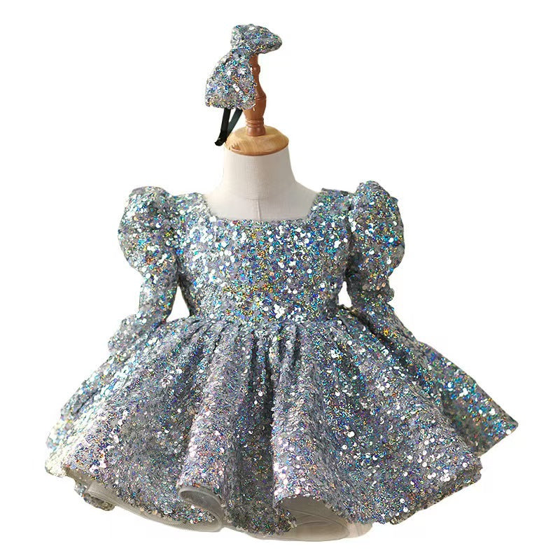 Sparkling Silver Knee Length Girl Dress with Long Sleeve J309, Silver / 8(130cm) Sparkling Silver Knee Length Girl Dress with Long Sleeve J309, Silver / 8(130cm)