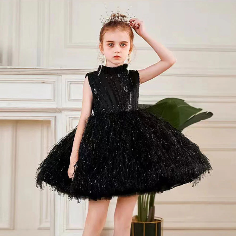 Sparkly Black Arabic Girl Dress Feathers Baby Kids Princess J175 DreamyVow Sparkly Black Arabic Girl Dress Feathers Baby Kids Princess J175 DreamyVow