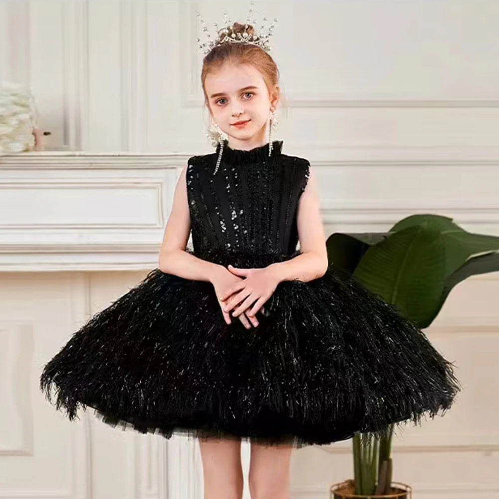 Sparkly Black Arabic Girl Dress Feathers Baby Kids Princess J175