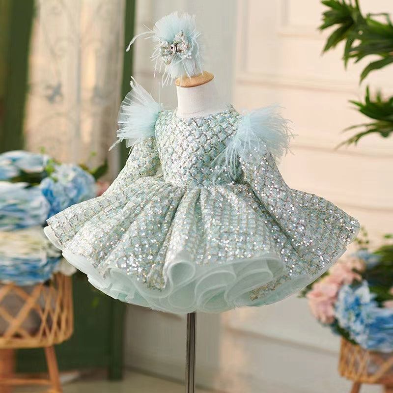 Sparkly Turquoise Girl Dress Long Sleeve Knee Length Arabic J093