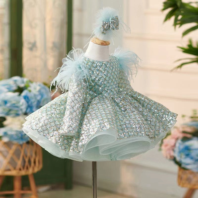 Sparkly Turquoise Girl Dress Long Sleeve Knee Length Arabic J093 Sparkly Turquoise Girl Dress Long Sleeve Knee Length Arabic J093