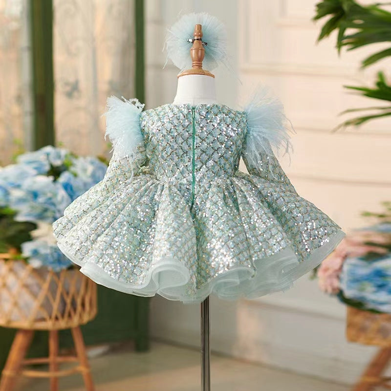 Sparkly Turquoise Girl Dress Long Sleeve Knee Length Arabic J093 Turquoise / child-3 Sparkly Turquoise Girl Dress Long Sleeve Knee Length Arabic J093 Turquoise / child-3