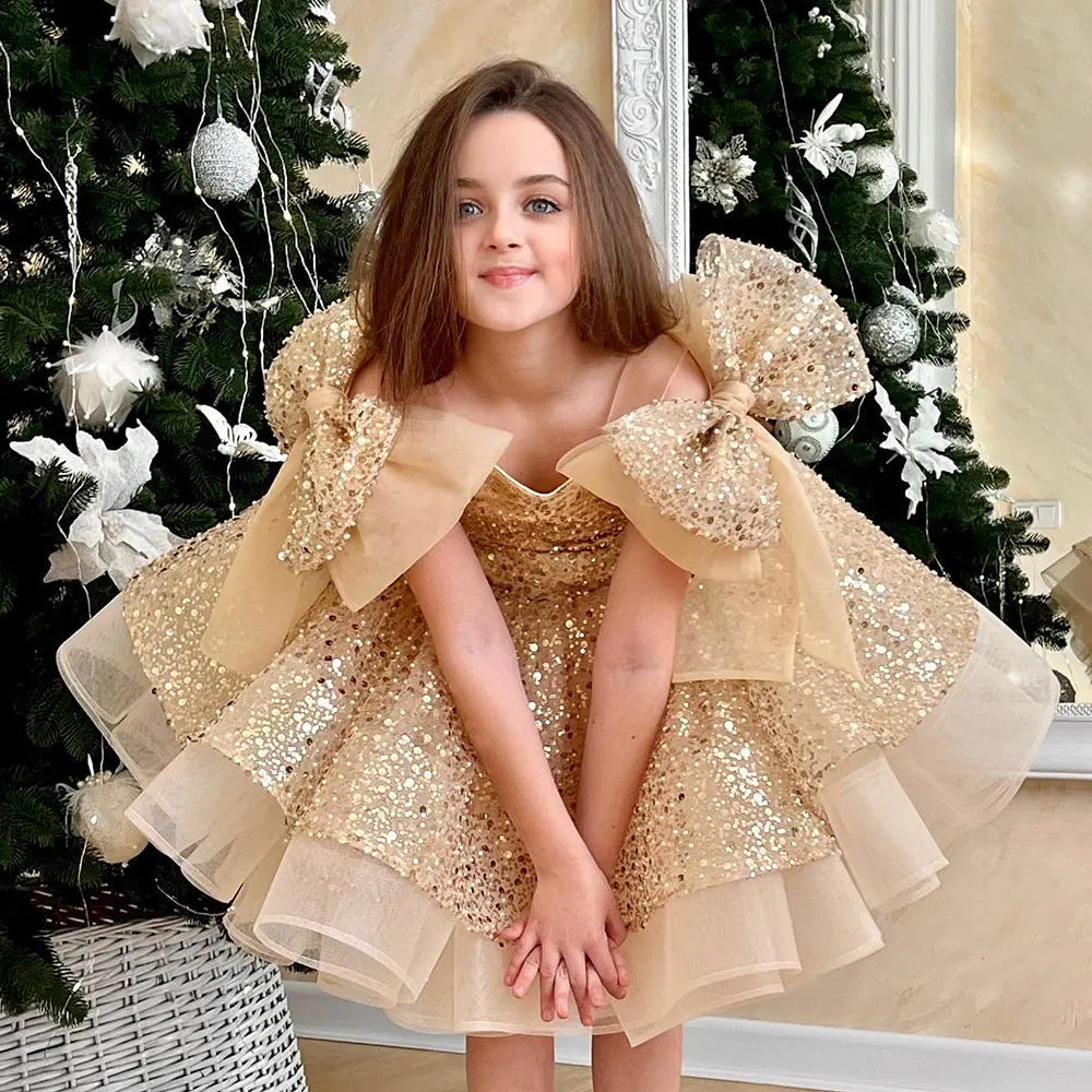 Sparkly White Girl Dress Big Bow Champagne Pink Princess Kids J343 DreamyVow Sparkly White Girl Dress Big Bow Champagne Pink Princess Kids J343 DreamyVow