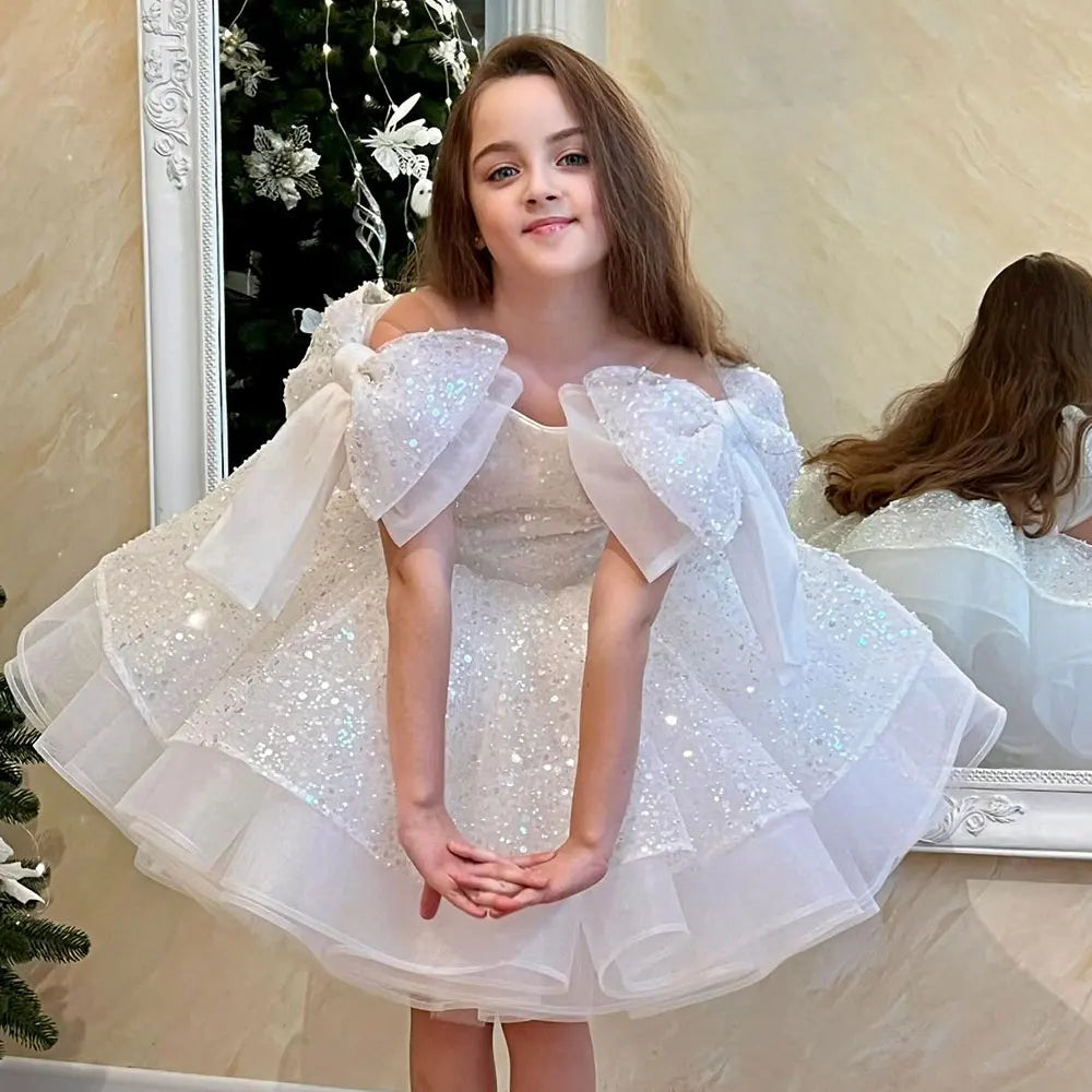 Sparkly White Girl Dress Big Bow Champagne Pink Princess Kids J343 White / child-14 Sparkly White Girl Dress Big Bow Champagne Pink Princess Kids J343 White / child-14