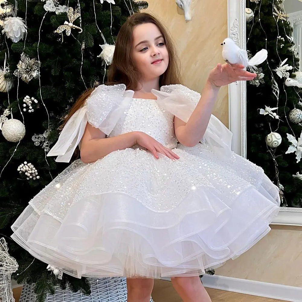 Sparkly White Girl Dress Big Bow Champagne Pink Princess Kids J343 White / child-14 Sparkly White Girl Dress Big Bow Champagne Pink Princess Kids J343 White / child-14