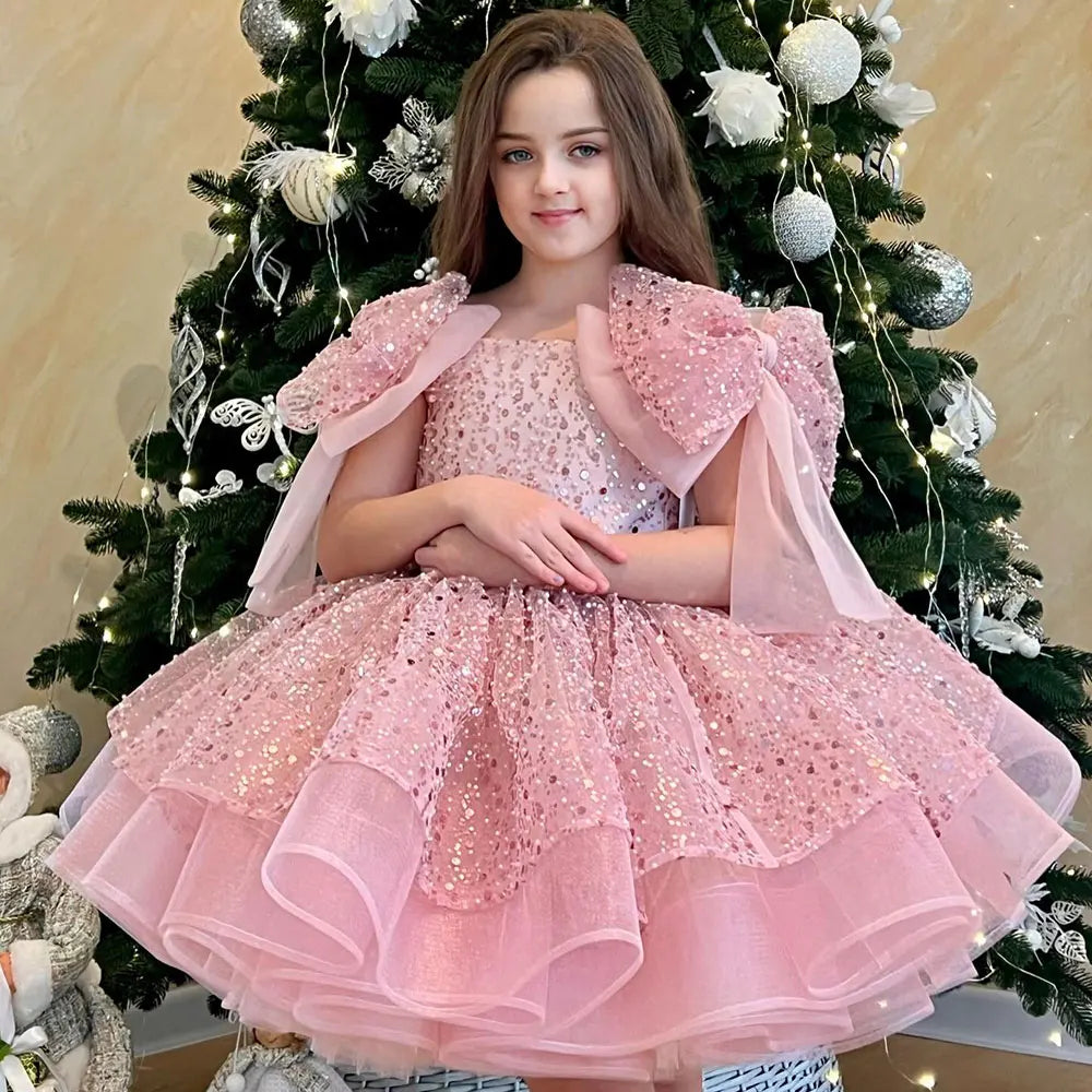 Sparkly White Girl Dress Big Bow Champagne Pink Princess Kids J343 White / child-14 Sparkly White Girl Dress Big Bow Champagne Pink Princess Kids J343 White / child-14