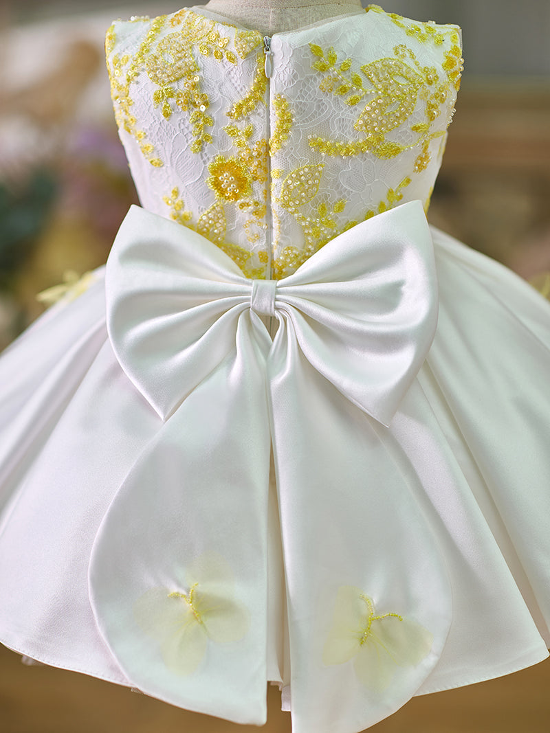 white birthday dress for baby First Communion Girl Formal Princess Dress Toddler Bow Beaded Puffy Flower Girl Dress Dress They are perfect for any special occasions such as wedding Sparkle butterflies White baby dress,