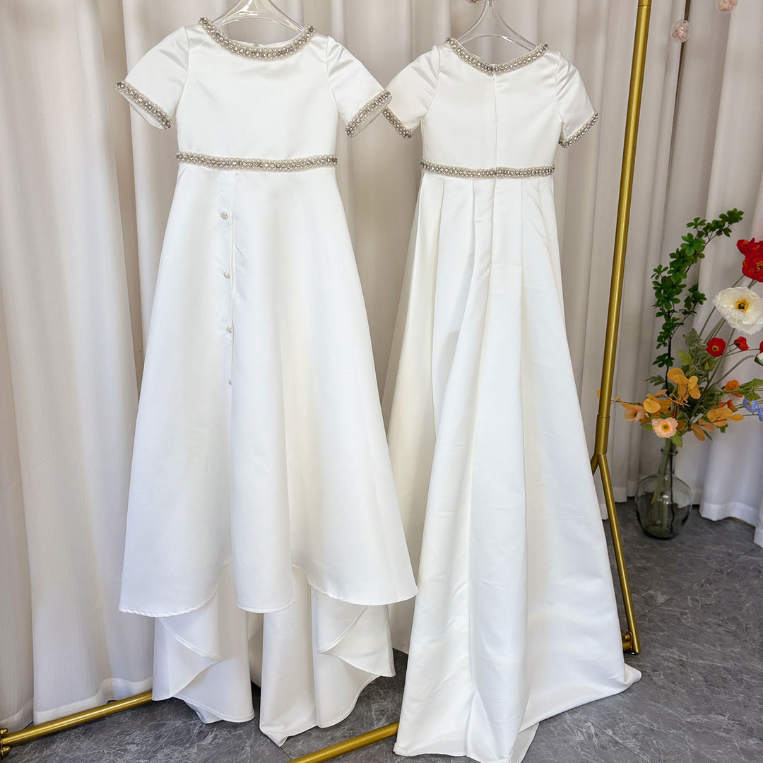 satin holy communion dresses Cinderella Couture 2912 Beaded Flower Girl A Line Tea Length Dress