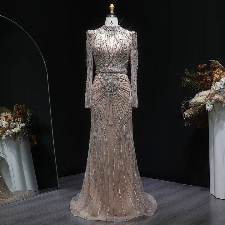 Elegant Wine Red Crystal Beaded Prom Dress with Long Sleeves SS186