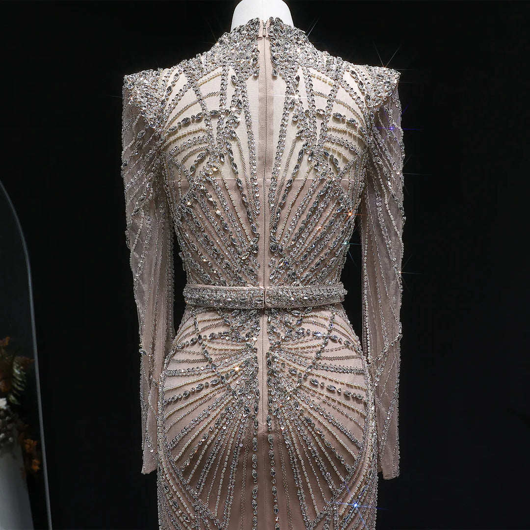 Elegant Wine Red Crystal Beaded Prom Dress with Long Sleeves SS186