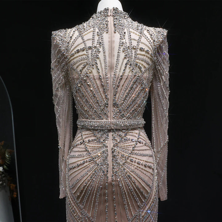 Elegant Wine Red Crystal Beaded Prom Dress with Long Sleeves SS186