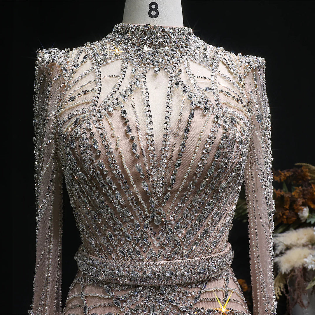 Elegant Wine Red Crystal Beaded Prom Dress with Long Sleeves SS186