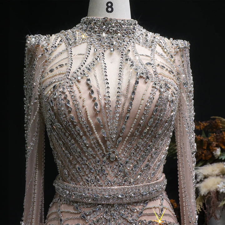 Elegant Wine Red Crystal Beaded Prom Dress with Long Sleeves SS186