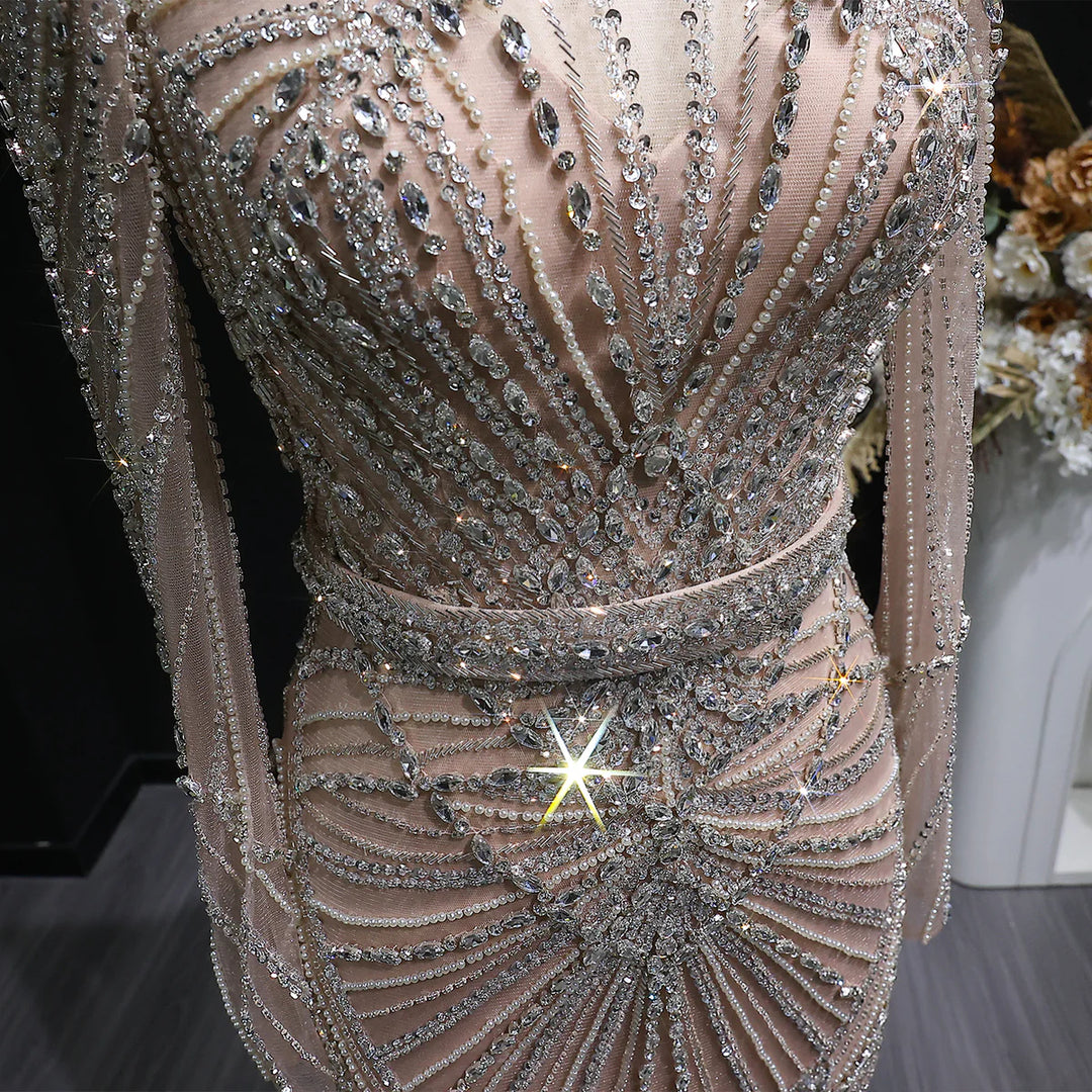 Elegant Wine Red Crystal Beaded Prom Dress with Long Sleeves SS186