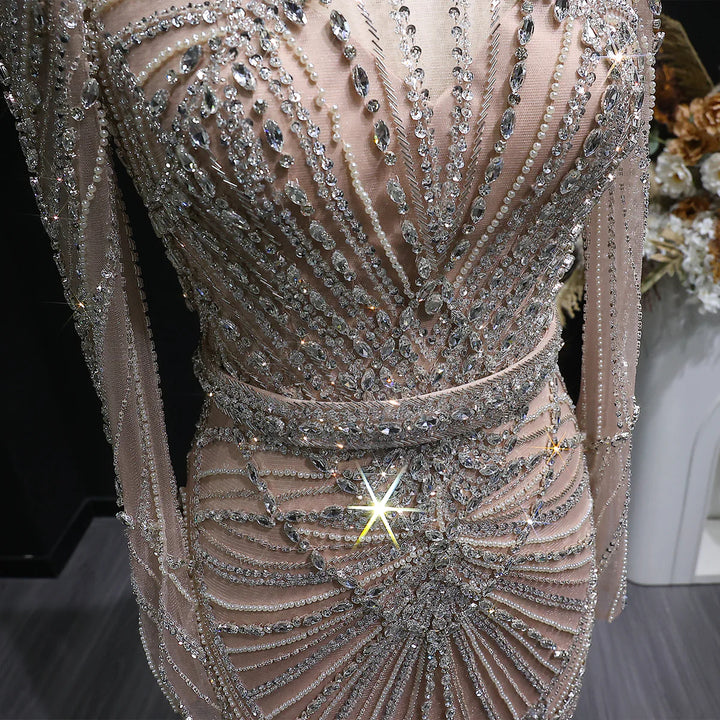 Elegant Wine Red Crystal Beaded Prom Dress with Long Sleeves SS186