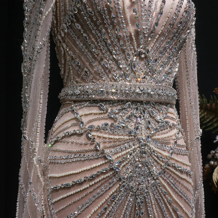 Elegant Wine Red Crystal Beaded Prom Dress with Long Sleeves SS186