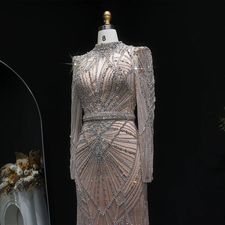 Elegant Wine Red Crystal Beaded Prom Dress with Long Sleeves SS186