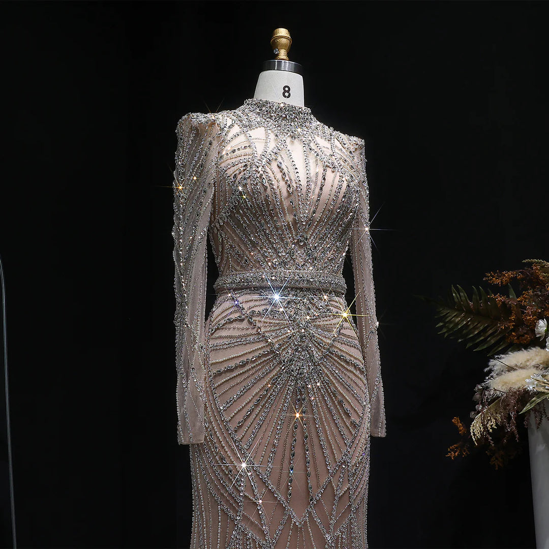 Elegant Wine Red Crystal Beaded Prom Dress with Long Sleeves SS186