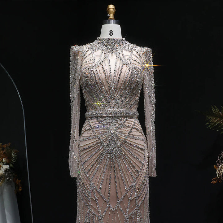 Elegant Wine Red Crystal Beaded Prom Dress with Long Sleeves SS186