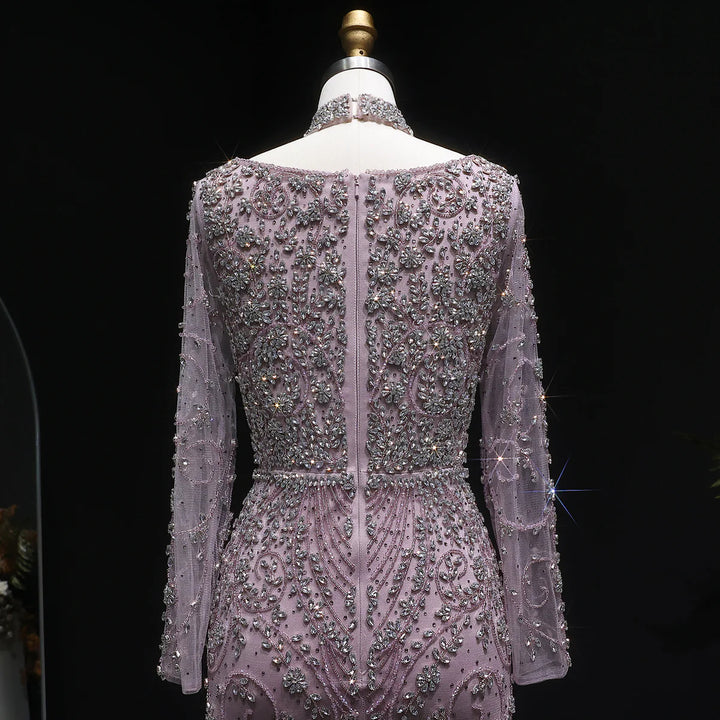 Luxury Pink Crystal Long Sleeve Prom Dress with Neckpiece SS181