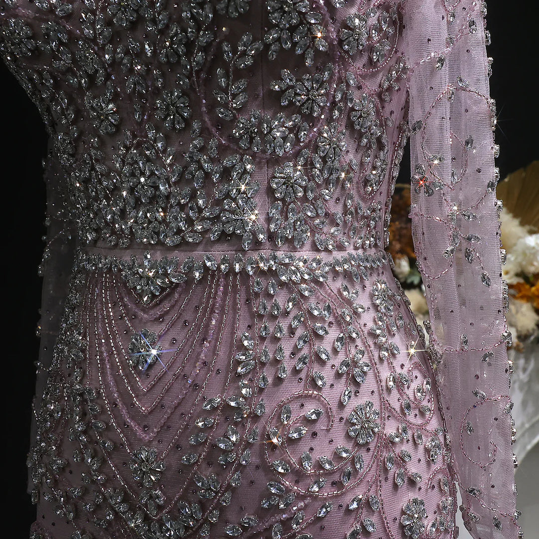 Luxury Pink Crystal Long Sleeve Prom Dress with Neckpiece SS181