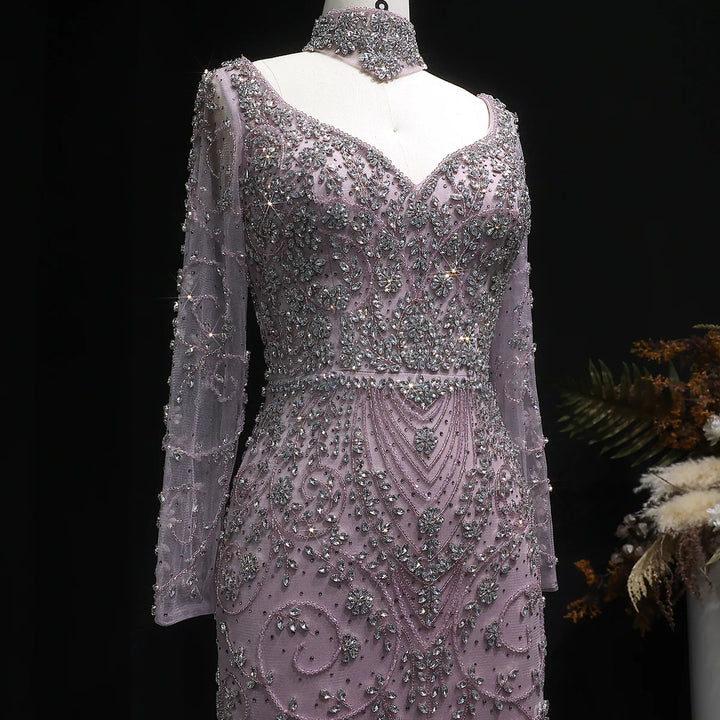 Luxury Pink Crystal Long Sleeve Prom Dress with Neckpiece SS181