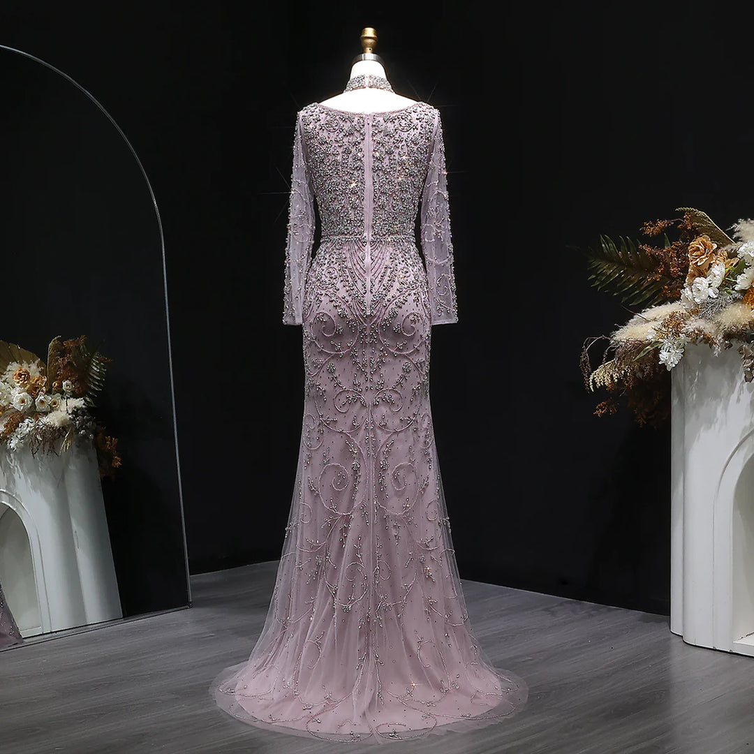 Luxury Pink Crystal Long Sleeve Prom Dress with Neckpiece SS181