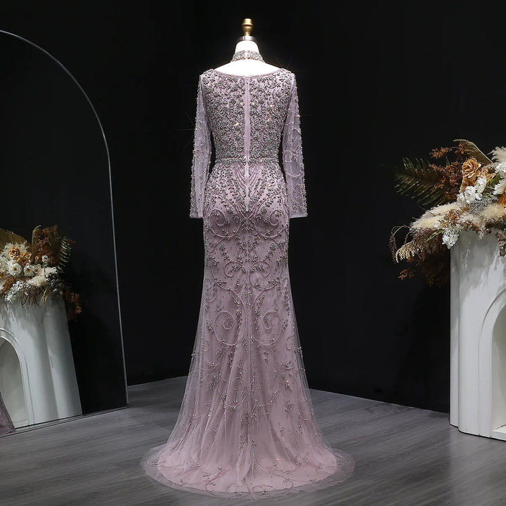 Luxury Pink Crystal Long Sleeve Prom Dress with Neckpiece SS181