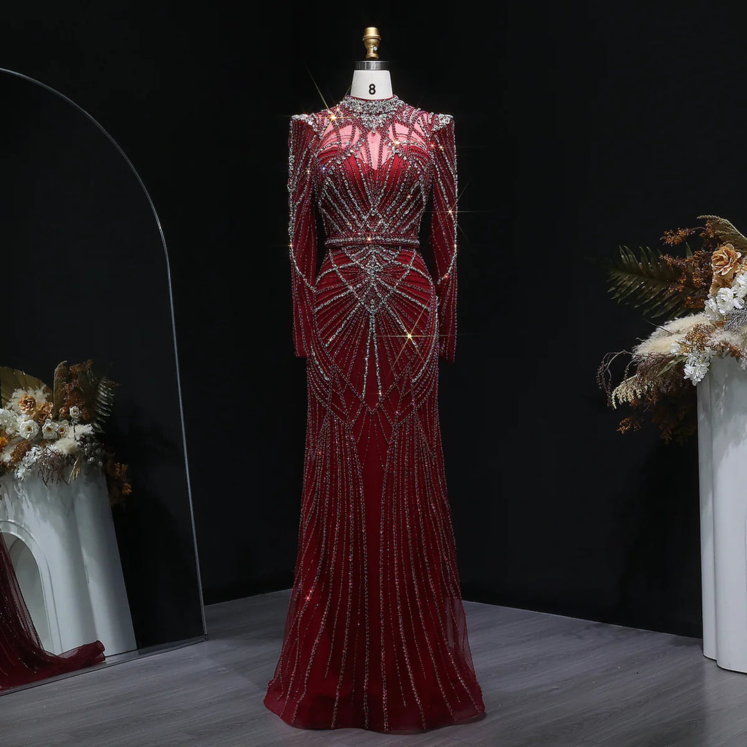 Elegant Wine Red Crystal Beaded Prom Dress with Long Sleeves SS186