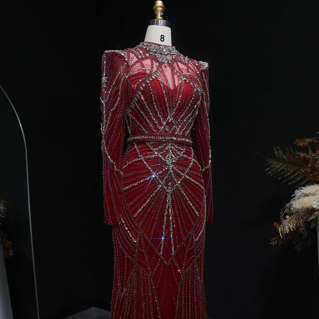 Elegant Wine Red Crystal Beaded Prom Dress with Long Sleeves SS186