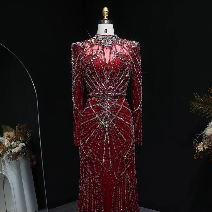 Elegant Wine Red Crystal Beaded Prom Dress with Long Sleeves SS186