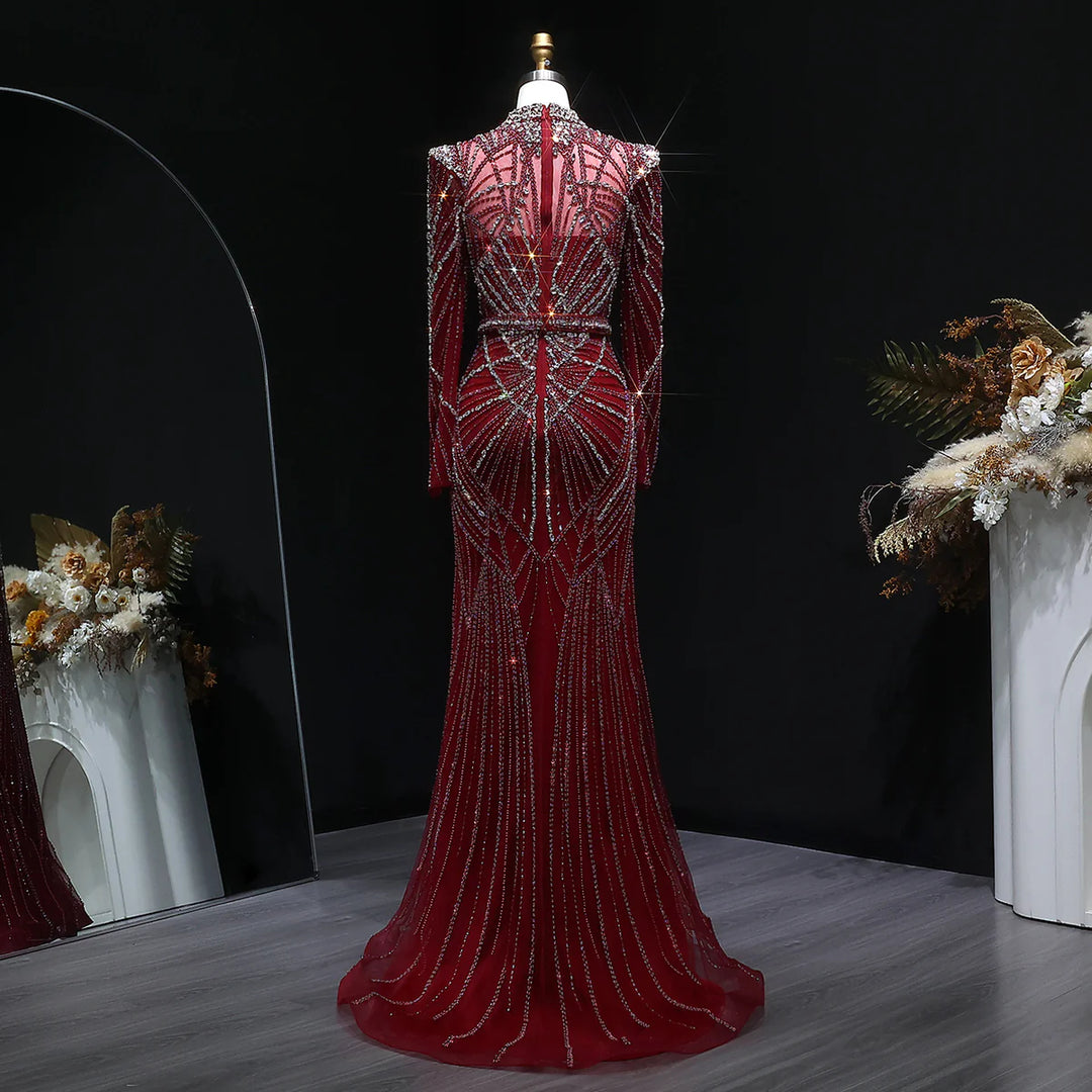 Elegant Wine Red Crystal Beaded Prom Dress with Long Sleeves SS186
