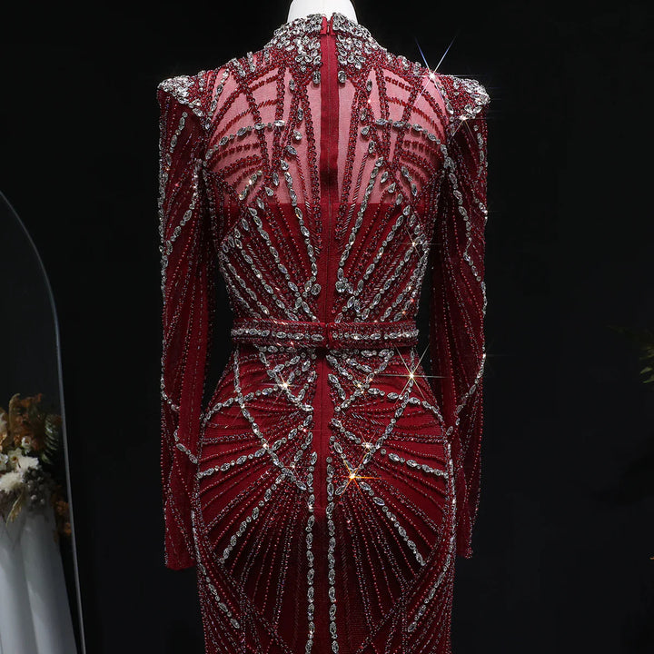 Elegant Wine Red Crystal Beaded Prom Dress with Long Sleeves SS186